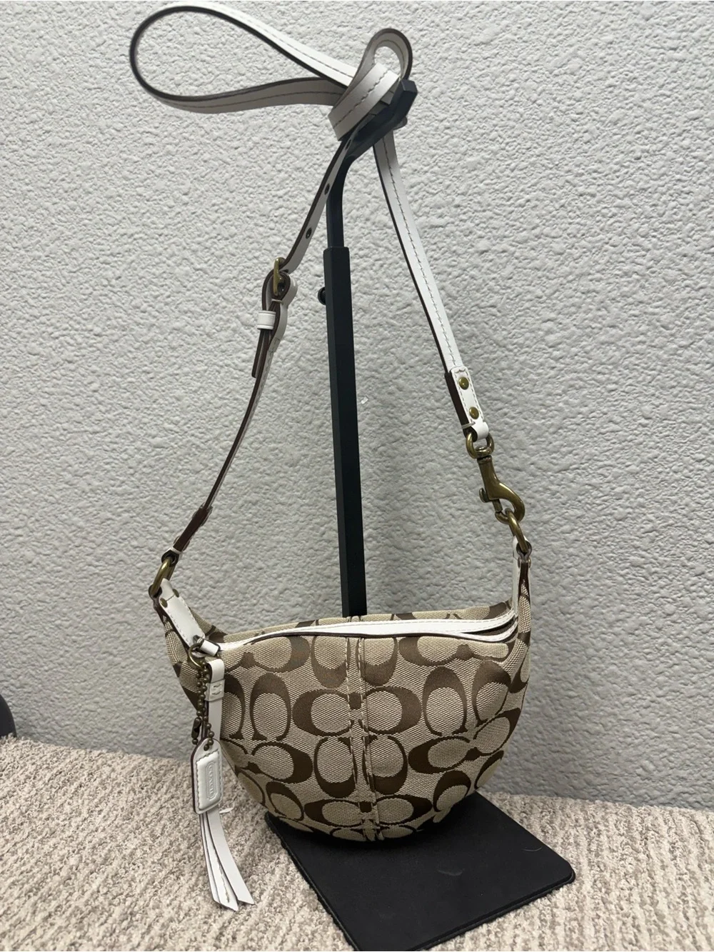 Y2K Coach Khaki/Chalk Mini Crescent Crossbody with Signature C Pattern